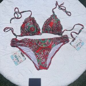 NWT Luli Fama Red and Green Bikini Set size L
